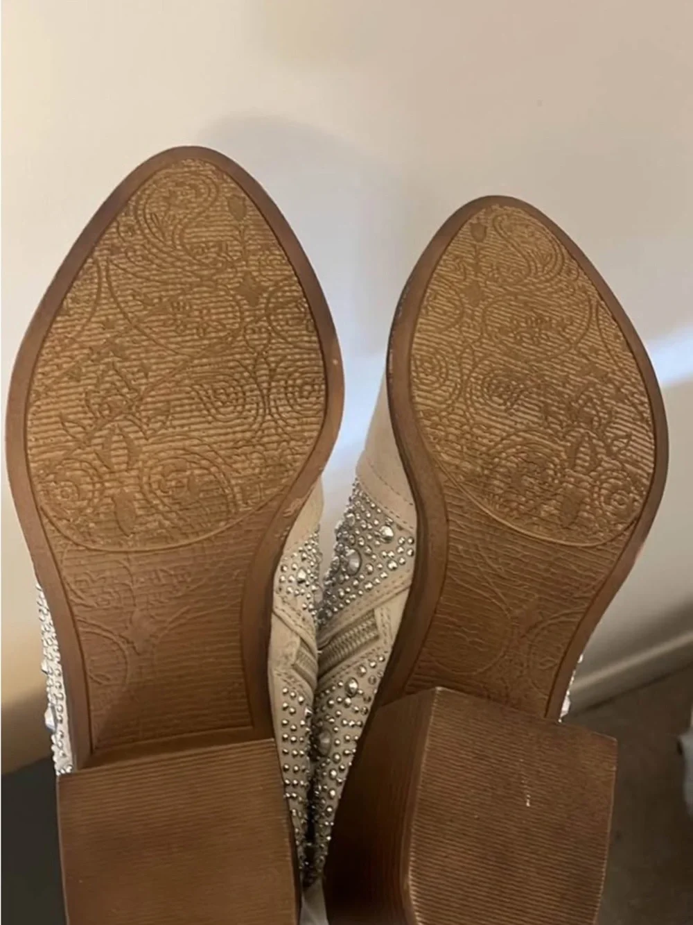 Beige Embellished Suede Ankle Boots - Women's Fashion Booties - Picture 5 of 5